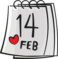 14:e februari kalender datum linje teckning med röd hjärta. valentines dag vektor grafisk.