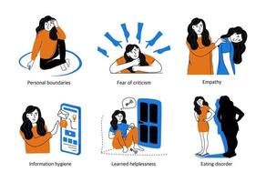 Reihe von Konzepten der psychischen Gesundheit und Psychologie. psychische Störungen, verschiedene positive, negative Zustände von Menschen. Vektor-Illustration isoliert auf weißem Hintergrund. vektor