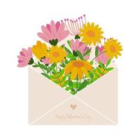 hjärtans dag illustration design med ett öppen kuvert, rosa och gul blommor med grön löv på en beige bakgrund. Grattis på hjärtans dag. vektor