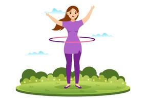 Hula-Hoop-Illustration mit Menschen, die Hula-Hoop-Hoops spielen und Fitnesstraining in handgezeichneten Vorlagen mit flachen Cartoons für Sportaktivitäten ausüben vektor
