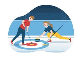 curling sport illustration med team spelar spel av stenar och kvast i rektangulär is ringa i mästerskap platt tecknad serie hand dragen mall vektor