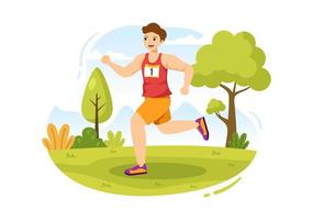 marathonlaufillustration mit leuten, die laufen, sportturnier joggen und laufen, um die ziellinie in einer flachen handgezeichneten karikaturvorlage zu erreichen vektor