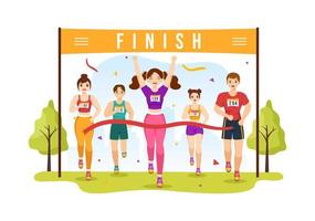 marathon-rennillustration mit leuten, die laufen, sportturnier joggen und laufen, um die ziellinie in einer handgezeichneten vorlage der flachen karikatur zu erreichen