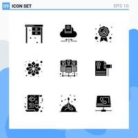 Gruppe von 9 soliden Glyphen Zeichen und Symbolen für gemeinsam genutzte Datenbankserver Abzeichen entspannen Blume editierbare Vektordesign-Elemente vektor