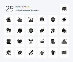 USA 25 fast glyf ikon packa Inklusive dag. kalender. oberoende. amerikansk. landmärke vektor