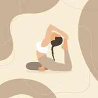 Yoga King Pigeon Pose junge Frau auf braunem Pastellbanner, Boho-Stil. vektor