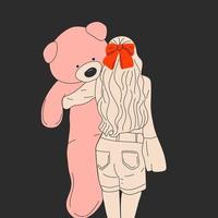 hübsche Frau umarmt eine riesige Teddybärpuppe. modemädchenillustration auf dunklem hintergrund .liebe, valentinstag. vektor