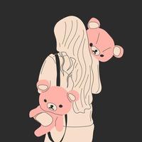 Söt kvinna kram en jätte teddy Björn docka. mode flicka illustration på mörk bakgrund .kärlek, hjärtans dag. vektor