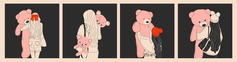Satz von vier hübschen Frauen umarmt eine riesige Teddybärpuppe. modemädchenillustration auf dunklem hintergrund .liebe, valentinstag. vektor