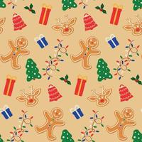 sömlös jul mönster med pepparkaka småkakor, träd, gåvor, klocka lampor krans vektor