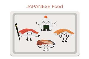 vektorillustration von onigiri und sushi im stil von kawaii. japanisches Fast Food aus Reis, gefüllt in Form eines Dreiecks aus Nori-Algen. vektor