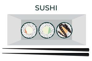 Vektor-Icon-Set aus leckeren farbigen Sushi-Rollen. Sammlung verschiedener Geschmacksrichtungen und Arten. traditionelles japanisches essen. Gruppe asiatischer Meeresfrüchte. Vorlage für Sushi-Restaurant, Café, Lieferung oder Ihr Unternehmen vektor