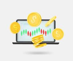 online-handelskonzept mit laptop, diagramm und münzen. 3D-Vektor isolierte Abbildung vektor
