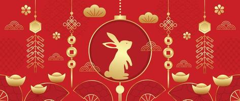 orientalisk japansk och kinesisk lyx stil mönster bakgrund vektor. traditionell guld kanin, smällare, fläkt, pengar och kinesisk mönster bakgrund. design illustration för tapet, kort, affisch. vektor