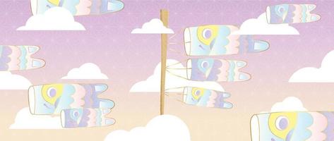 japansk bakgrund vektor illustration. Lycklig ny år dekoration mall i pastell Färg japansk mönster stil med koinobori karp fisk, himmel och moln. design för kort, tapet, affisch, baner.