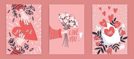 romantisk uppsättning av hälsning kort för hjärtans dag. vektor samling med borsta text och hand skriven element. reste sig, rosa och vit Färg etiketter för din design och inbjudan