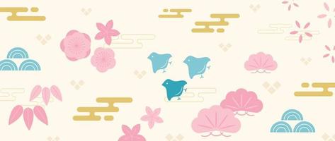 japansk bakgrund vektor illustration. Lycklig ny år dekoration mall i pastell Färg japansk mönster stil med blomma form, blad, fågel, element. design för kort, tapet, affisch, baner.