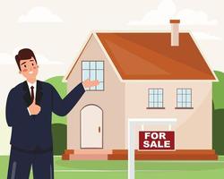 Abbildung eines Immobilienmaklers, der ein Haus zum Verkauf zeigt. nachlass, eigentum, vereinbarung, kauf, darlehen, hypothekenkonzeptillustration mit mann und haus. . vektor