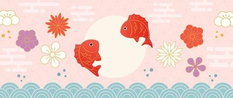 japanische hintergrundvektorillustration. frohes neues jahr dekorationsvorlage in pastellfarbener japanischer musterart mit goldfisch, blume und welle. Design für Karte, Tapete, Poster, Banner. vektor