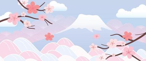 japansk bakgrund vektor illustration. Lycklig ny år dekoration mall pastell Färg japansk mönster stil med körsbär blomma, moln och montera fuji. design för kort, tapet, affisch, baner.