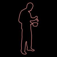 Neon-Mann mit Topflöffel in seinen Händen, der Essen zubereitet vektor