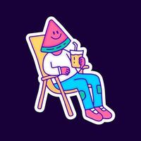 wassermelonencharakter chillen und halten getränkekarikatur, illustration für t-shirt, aufkleber oder bekleidungswaren. mit modernem Pop und Retro-Stil. vektor