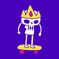 Königschädel, der Skateboardkarikatur, Illustration für T-Shirt, Aufkleber oder Kleiderwaren reitet. mit modernem Pop und Retro-Stil. vektor