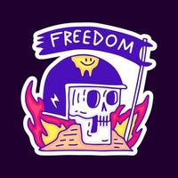 Schädel im Helm mit Feuer- und Freiheitsflaggenkarikatur, Illustration für T-Shirt, Aufkleber oder Bekleidungswaren. mit modernem Pop und Retro-Stil. vektor