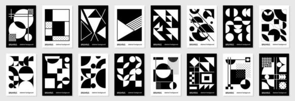Satz von 16 minimalen geometrischen Designplakaten der 20er Jahre, Wandkunst, Vorlage, Layout mit primitiven Formen. Bauhaus-Retro-Musterhintergrund, abstrakte Vektorkreis-, Dreiecks- und Quadratlinienkunst