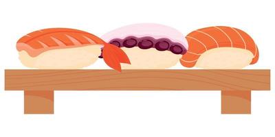 Cartoon-Sushi mit Lachs, Tintenfisch und Garnelen auf Holzbrett. asiatische Küche japanische Küche, traditionelles Essen isoliert auf weißem Hintergrund vektor