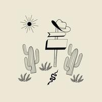 Wild-Westworld-Konzept. Wüstenlandschaft. illustration mit schildern straße, cowboyhut, kaktus, busch, sonne und schlange. isoliertes Vektordesign