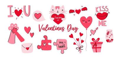 Valentinstag handgezeichnetes Set. valentinstag, hochzeit und liebeskonzept. romantisches element - katze, herzen, puzzles, geschenk, blase, blumenstrauß, brief und lippen. vektor