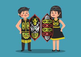 Dayak Man och Woman With Shield Vector Illustration