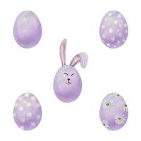 aquarell handgezeichnete osterfeier clipart. Satz bemalte Eier mit Hasenohren und Gesichtern. Pastellfarbe. isoliert auf weißem Hintergrund. für einladungen, geschenke, grußkarten, druck, textil vektor