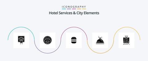 Hotelservices und Stadtelemente Glyph 5 Icon Pack inklusive Zug. Pallater. griechisch. Gericht. Lebensmittel vektor