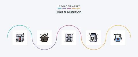 diet och näring linje fylld platt 5 ikon packa Inklusive dryck. diet. skala. mjölk. färsk vektor