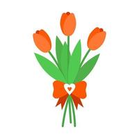 Strauß Frühlingsblumen mit Schleife und Herzen. rote Tulpen auf weißem Hintergrund. Feiertagsvektorillustration für Valentinstaggrußkarte. vektor