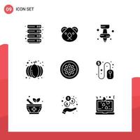 Gruppe von 9 soliden Glyphenzeichen und Symbolen für Essen, Trinken, Bildung, Kürbis, Halloween, editierbare Vektordesign-Elemente vektor