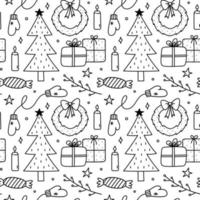 süßes nahtloses weihnachtsmuster mit geschenken, warmen handschuhen, weihnachtsbaum und kränzen, kerzen, süßigkeiten und sternen. Vektor handgezeichnete Doodle-Illustration. perfekt für Geschenkpapier, Dekorationen, Tapeten.