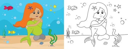 Cartoon-Meerjungfrau-Malseite Nr. 04 Kinder-Aktivitätsseite mit Strichzeichnungen-Vektorillustration vektor