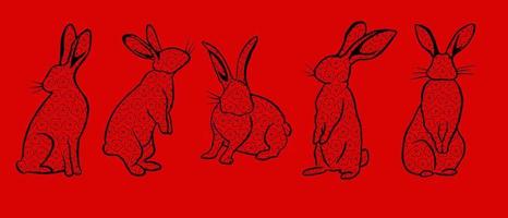satz des traditionellen chinesischen tierkreissymbols - schwarzes kaninchen auf dem roten hintergrund. vektor