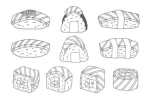 handgezeichnetes Sushi und Onigiri mit Lachs. Gerichte der traditionellen japanischen Küche. Asiatisches Essen-Clipart-Set vektor