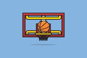 Basketballkorb und Ballvektorillustration. Sport-Objekt-Icon-Konzept. bunte Basketballnetztor-Vektorillustration. Sport rundes Basketball-Vektordesign auf blauem Hintergrund. vektor