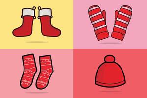 satz weihnachtssymbole und dekorationsvektorillustration. Urlaubsobjekte Icon-Design-Konzept. weihnachtssocken, weihnachtsmann-kopfhut und rote handschuhe vektordesign. sammlung von weihnachtselementen. vektor