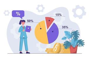 företag analyser. de företag kvinna utför ett analys av de indikatorer. vektor