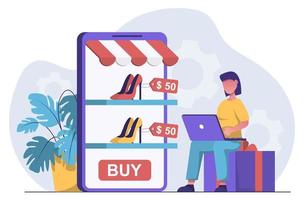 Online Einkaufen. Eine Frau mit einem Laptop, die Schuhe in einem Online-Shop auswählt vektor