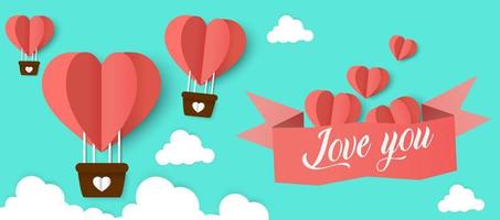 Fröhlicher Valentinstag Typografie-Vektordesign mit Papierballons im Himmel Rot Rosa Herzform Schnitt weiße Wolken Vektorbild der Liebe