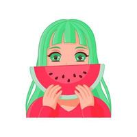 Anime-Mädchen mit einem großen Stück Wassermelone vektor