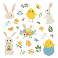 tecknad serie påsk kaniner, kycklingar, och blommor uppsättning. söt vår påsk kanin dekoration ClipArt uppsättning. platt vektor tecknad serie design. isolerat på vit bakgrund.