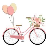 romantisches frühlingsblumenrosa fahrrad mit bunten luftballons. isoliert auf weißem Hintergrund. Frühlings-Retro-Fahrrad. Vektor-Illustration. vektor
